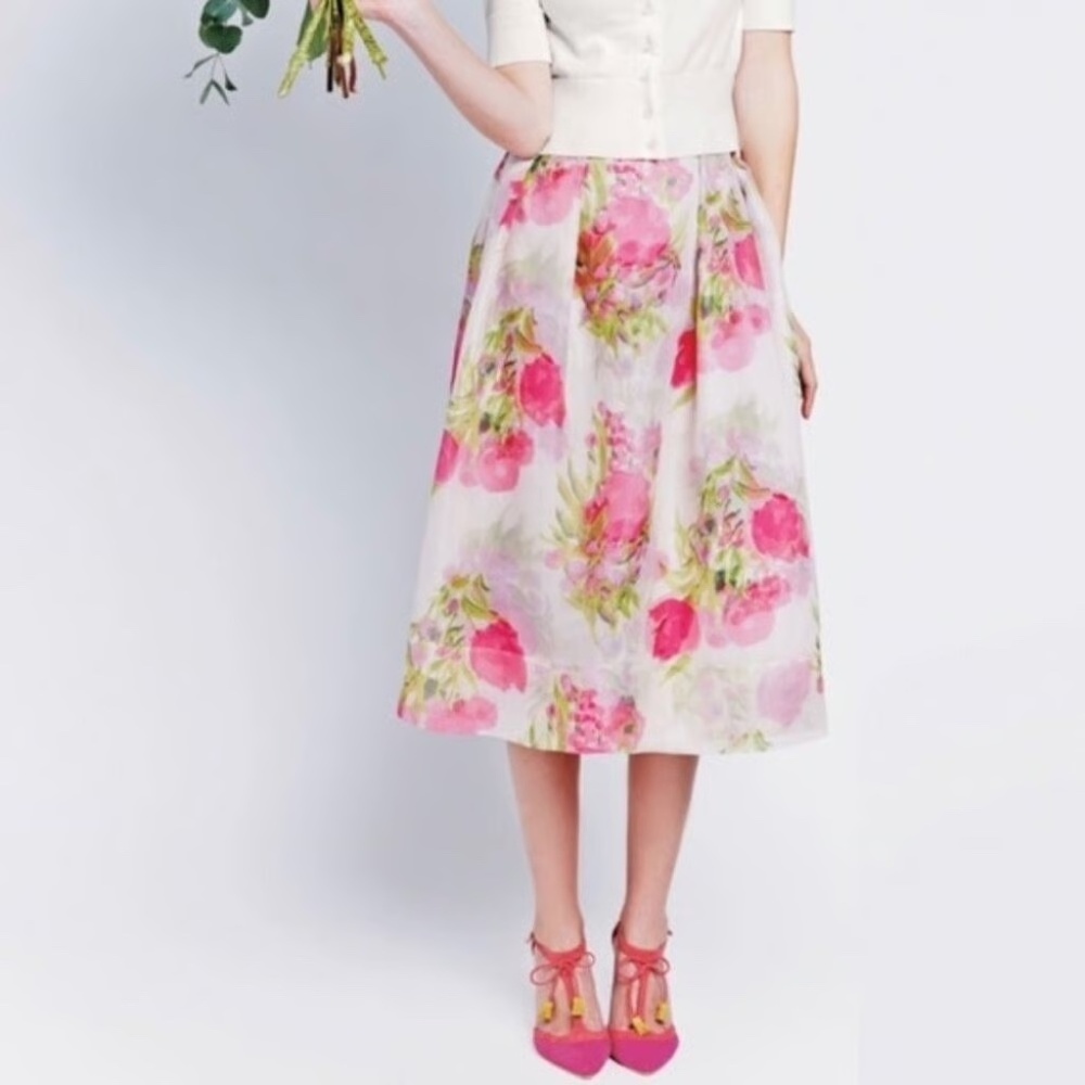Boden Pink Pandora Floral Silk Midi Skirt Womens Size 14L A-Line Cottagecore